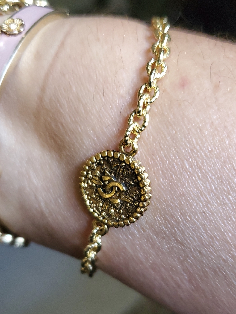 Up Cycled Gold Medallion Chain Bracelet with Pink Enamel Accent Authentic Pice